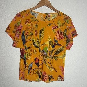 Anthropologie Leifsdottir Floral Bird Print Gold Top Buttons Silk Stretch Size 4
